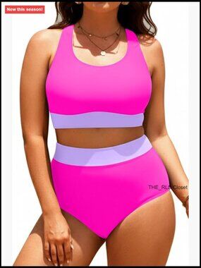 Plus Size High Waisted Bikini Set Sporty Scoop Neck Two Piece Swimwear